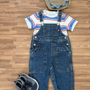 Outfit - Denim overalls, striped shirt, denim shoes, fedora.